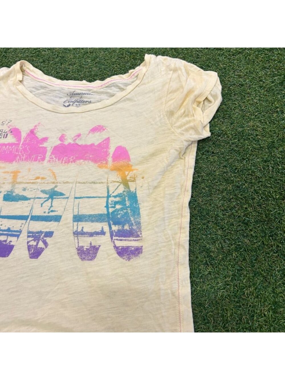 American Eagle Outfitters Yellow Surfboard Graphic Tee Summer Never Over Small